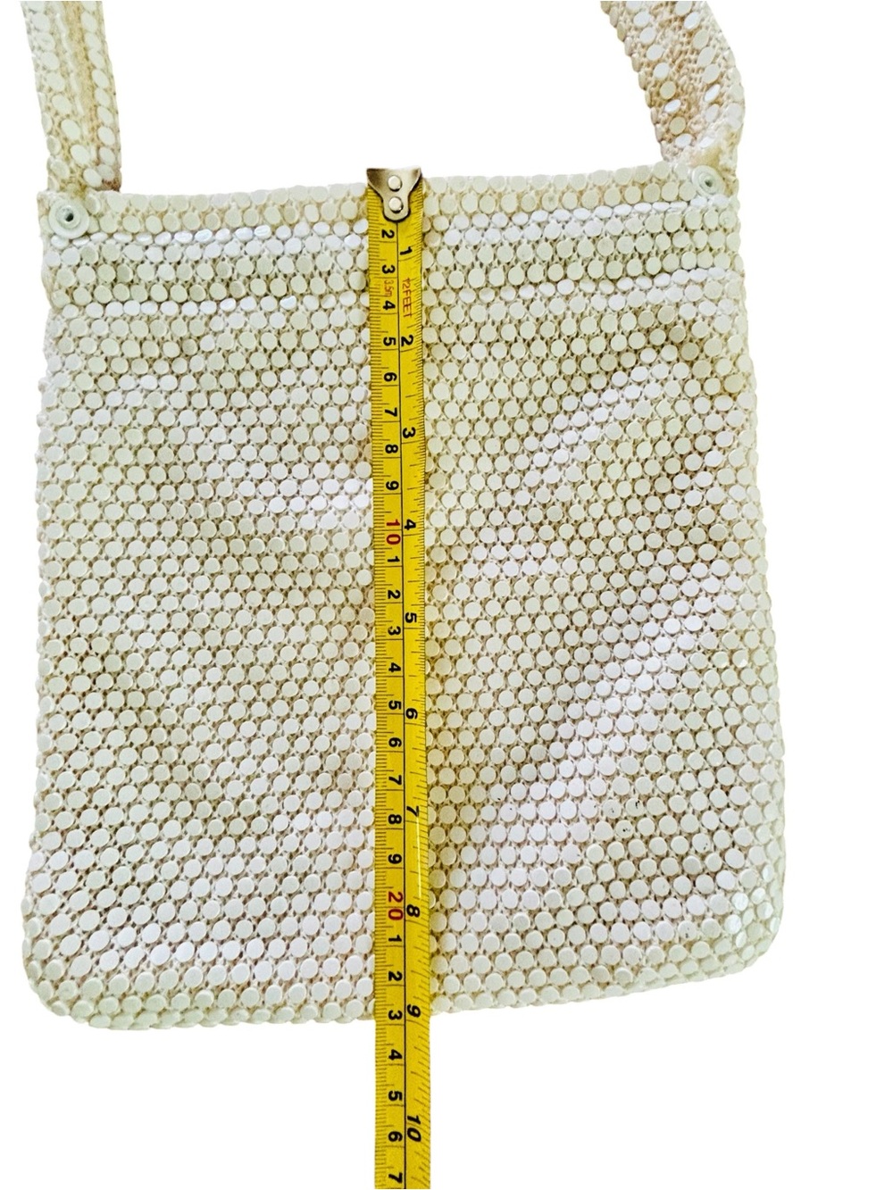 Vintage 1920s Ceramic Flat Bead White Mesh Crossbody Bag with Snap Closure - Picture 8 of 12